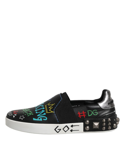 Dolce &amp; Gabbana Black Leather Studded Graffiti Sneakers Shoes