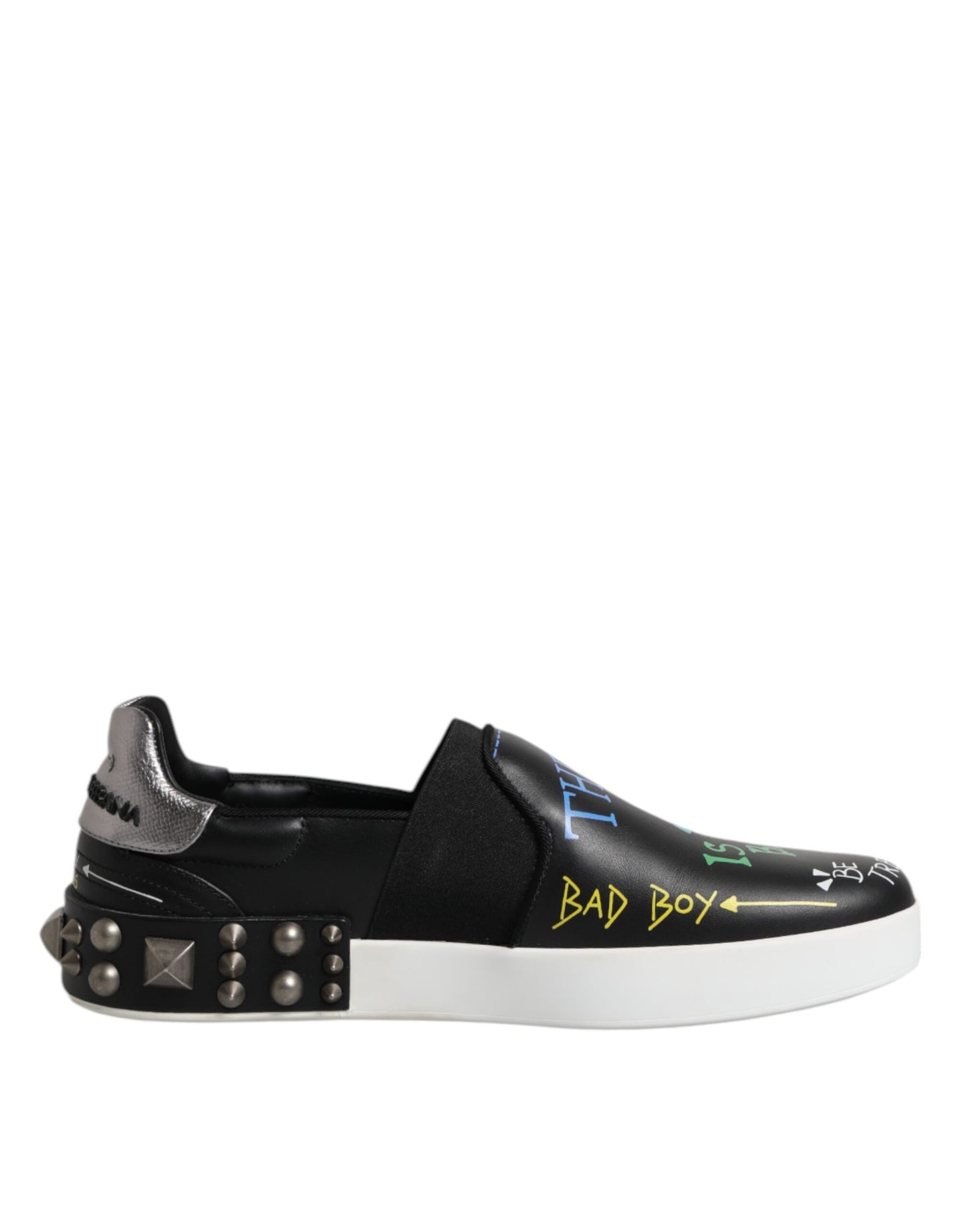 Dolce &amp; Gabbana Black Leather Studded Graffiti Sneakers Shoes
