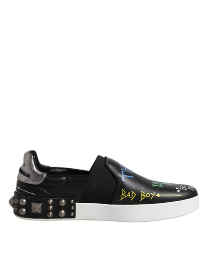 Dolce &amp; Gabbana Black Leather Studded Graffiti Sneakers Shoes