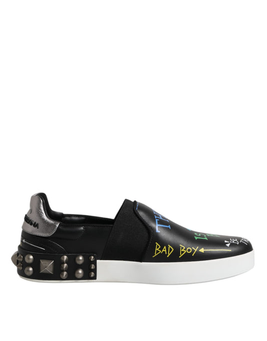 Dolce &amp; Gabbana Black Leather Studded Graffiti Sneakers Shoes