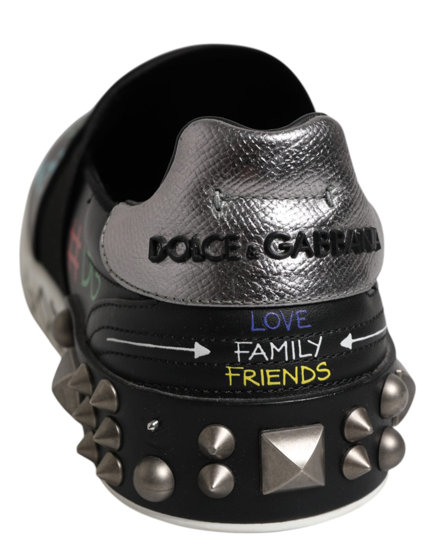 Dolce &amp; Gabbana Black Leather Studded Graffiti Sneakers Shoes