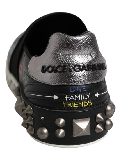 Dolce &amp; Gabbana Black Leather Studded Graffiti Sneakers Shoes