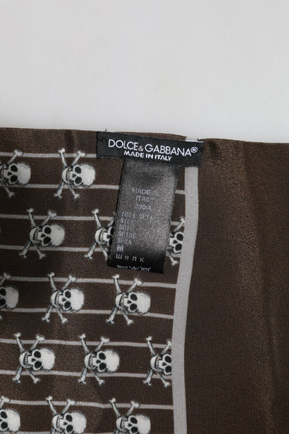 Dolce &amp; Gabbana – Brauner Foulardschal mit Fransen und Totenkopf-Print