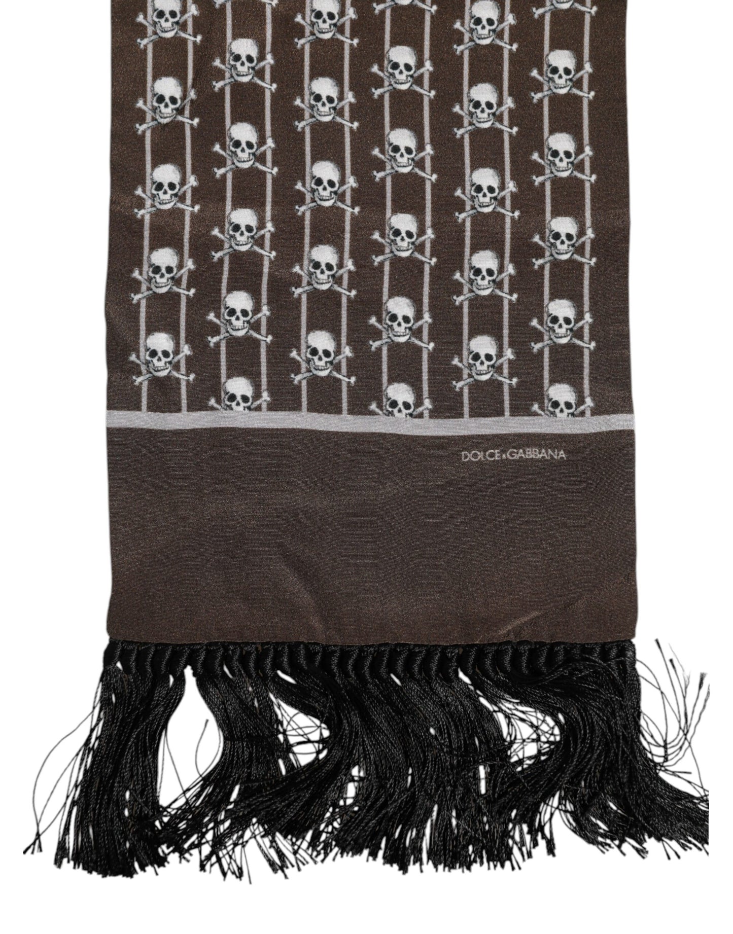 Dolce &amp; Gabbana – Brauner Foulardschal mit Fransen und Totenkopf-Print