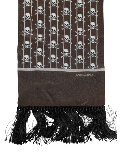 Dolce &amp; Gabbana – Brauner Foulardschal mit Fransen und Totenkopf-Print
