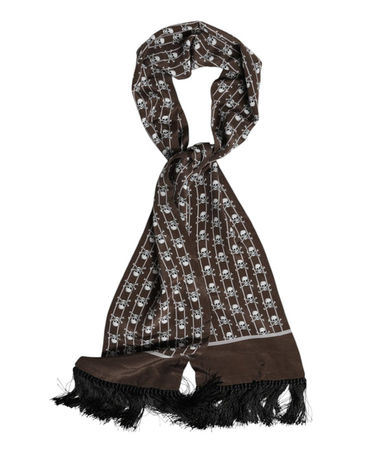 Dolce &amp; Gabbana – Brauner Foulardschal mit Fransen und Totenkopf-Print