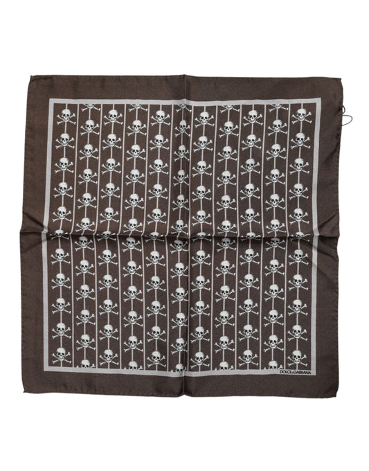 Dolce &amp; Gabbana Brauner quadratischer Seidenschal mit Totenkopf-Motiv für Herren