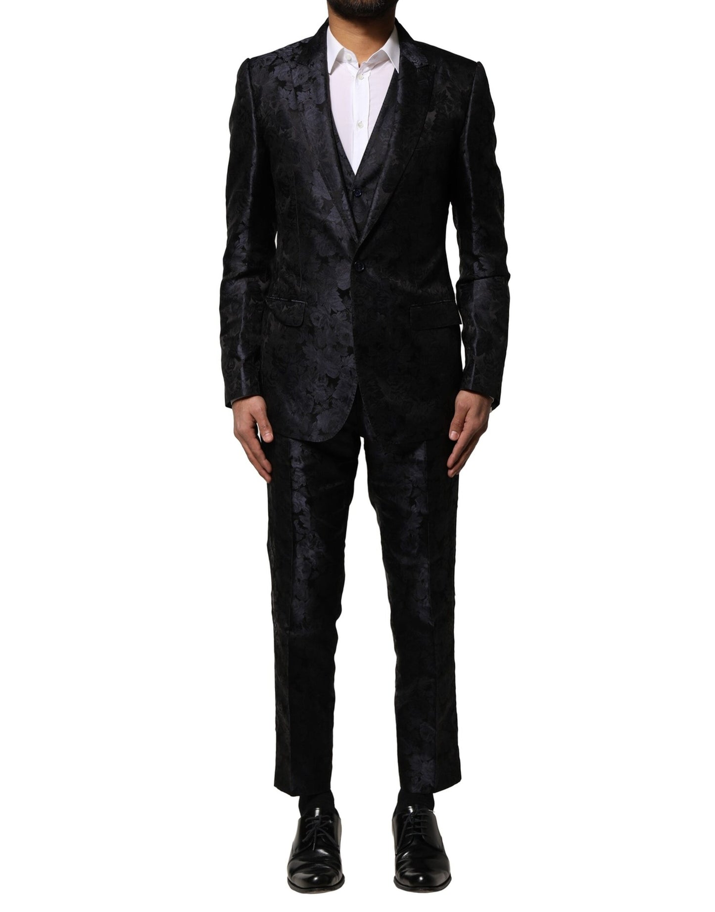 Dolce &amp; Gabbana – Schwarzer, einreihiger Jacquard-Anzug, 3-teilig