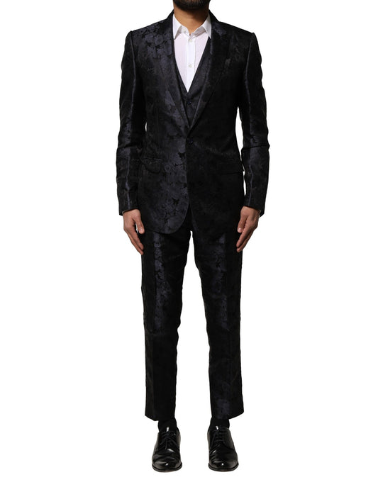 Dolce &amp; Gabbana – Schwarzer, einreihiger Jacquard-Anzug, 3-teilig