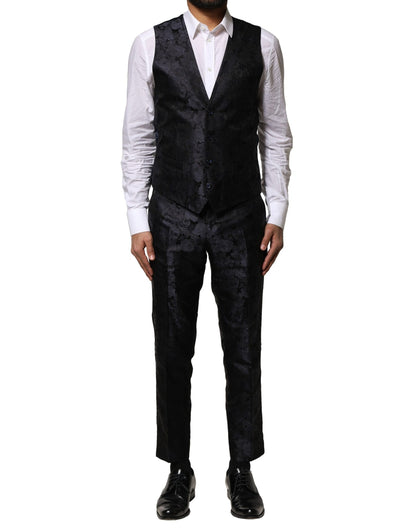 Dolce &amp; Gabbana – Schwarzer, einreihiger Jacquard-Anzug, 3-teilig