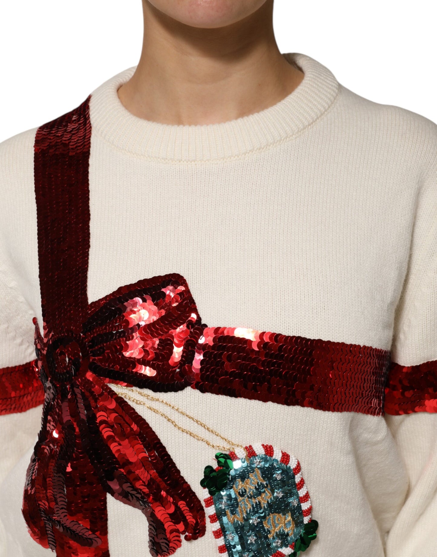Dolce &amp; Gabbana – Weißer Pullover mit Rundhalsausschnitt und Pailletten