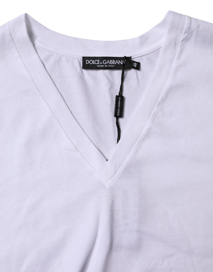 Dolce &amp; Gabbana – Weißes T-Shirt aus Baumwolle mit kurzen Ärmeln und V-Ausschnitt