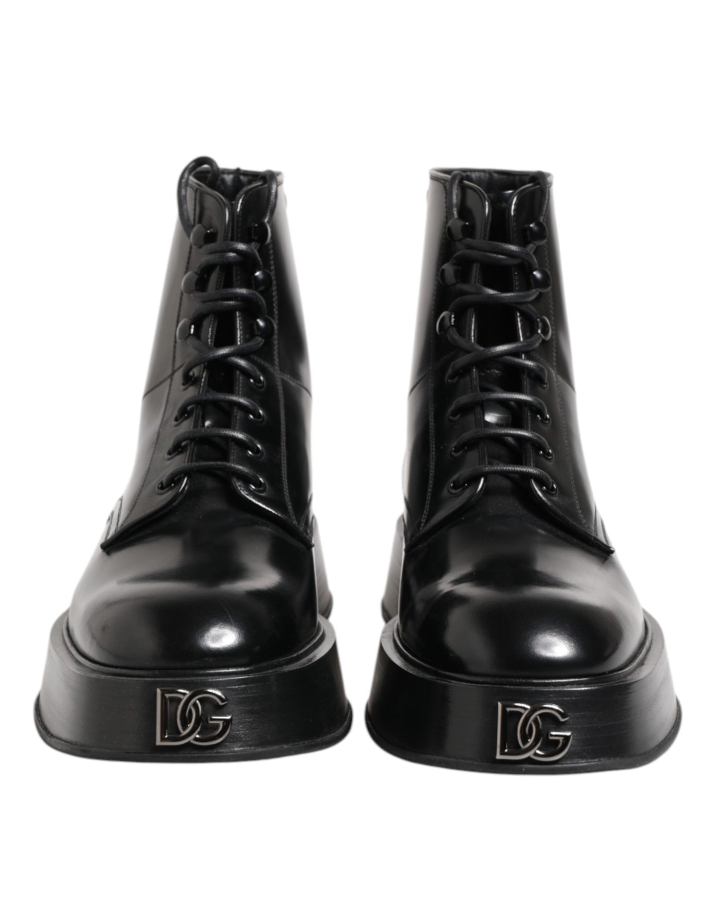 Dolce &amp; Gabbana Black Leather Logo Ankle Boots Lace Up Shoes