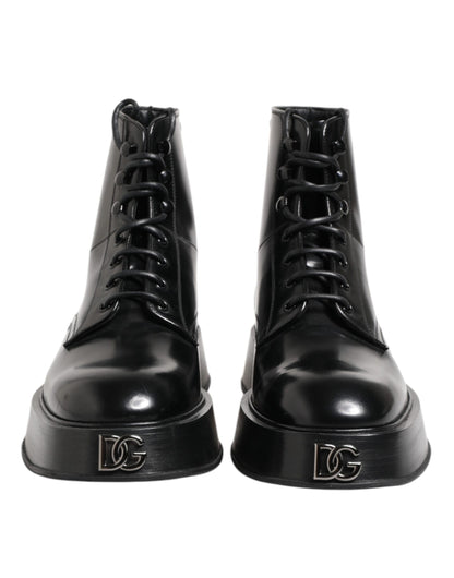 Dolce &amp; Gabbana Black Leather Logo Ankle Boots Lace Up Shoes