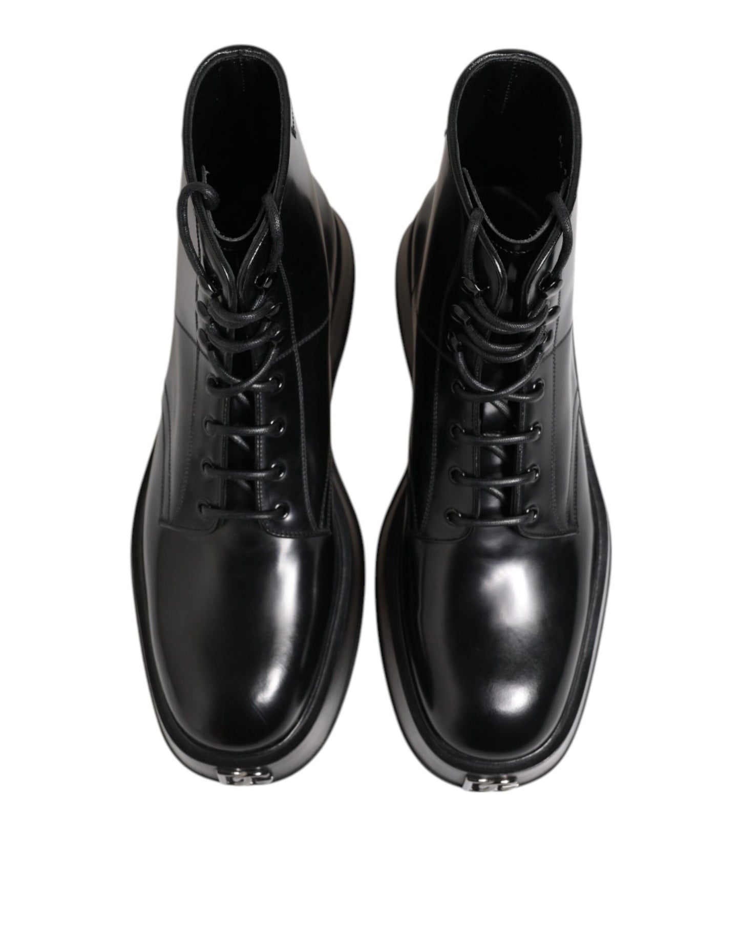 Dolce &amp; Gabbana Black Leather Logo Ankle Boots Lace Up Shoes