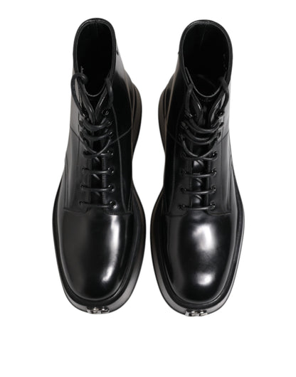 Dolce &amp; Gabbana Black Leather Logo Ankle Boots Lace Up Shoes