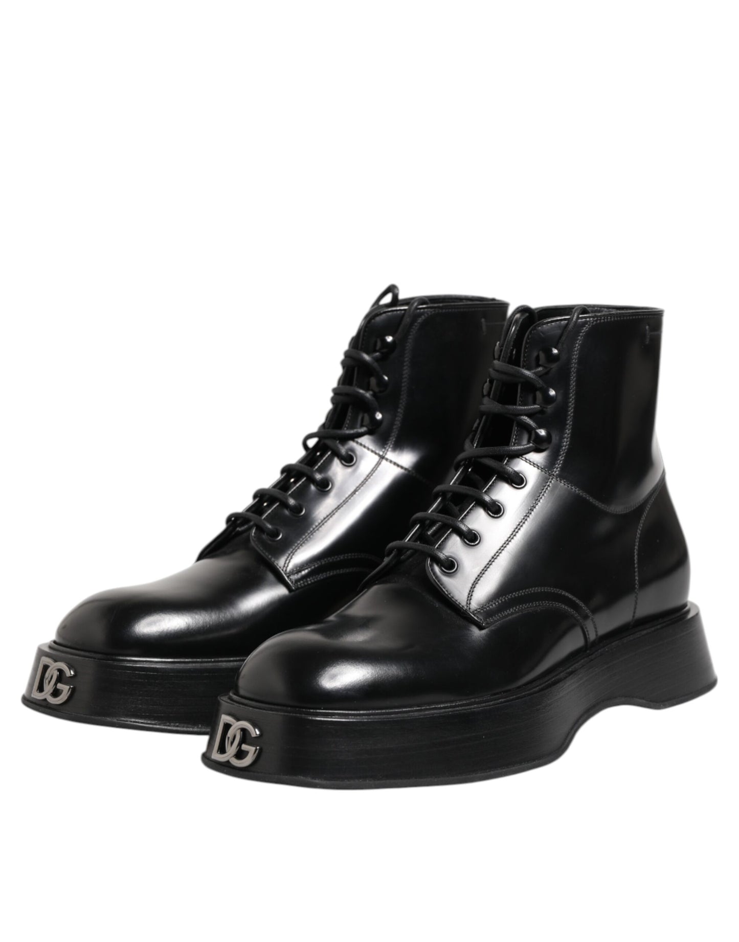 Dolce &amp; Gabbana Black Leather Logo Ankle Boots Lace Up Shoes