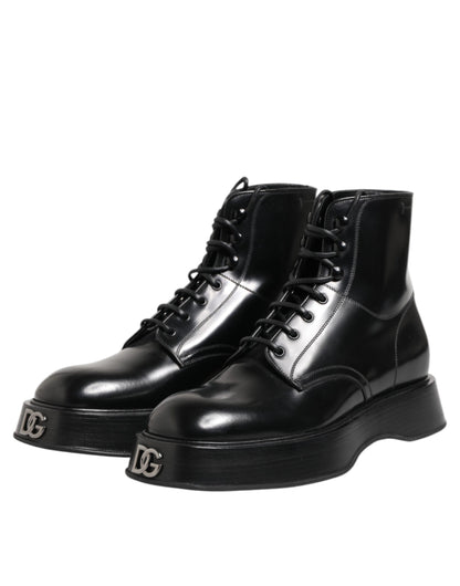 Dolce &amp; Gabbana Black Leather Logo Ankle Boots Lace Up Shoes