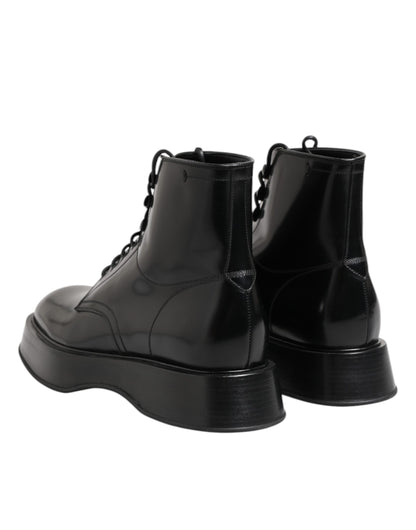 Dolce &amp; Gabbana Black Leather Logo Ankle Boots Lace Up Shoes