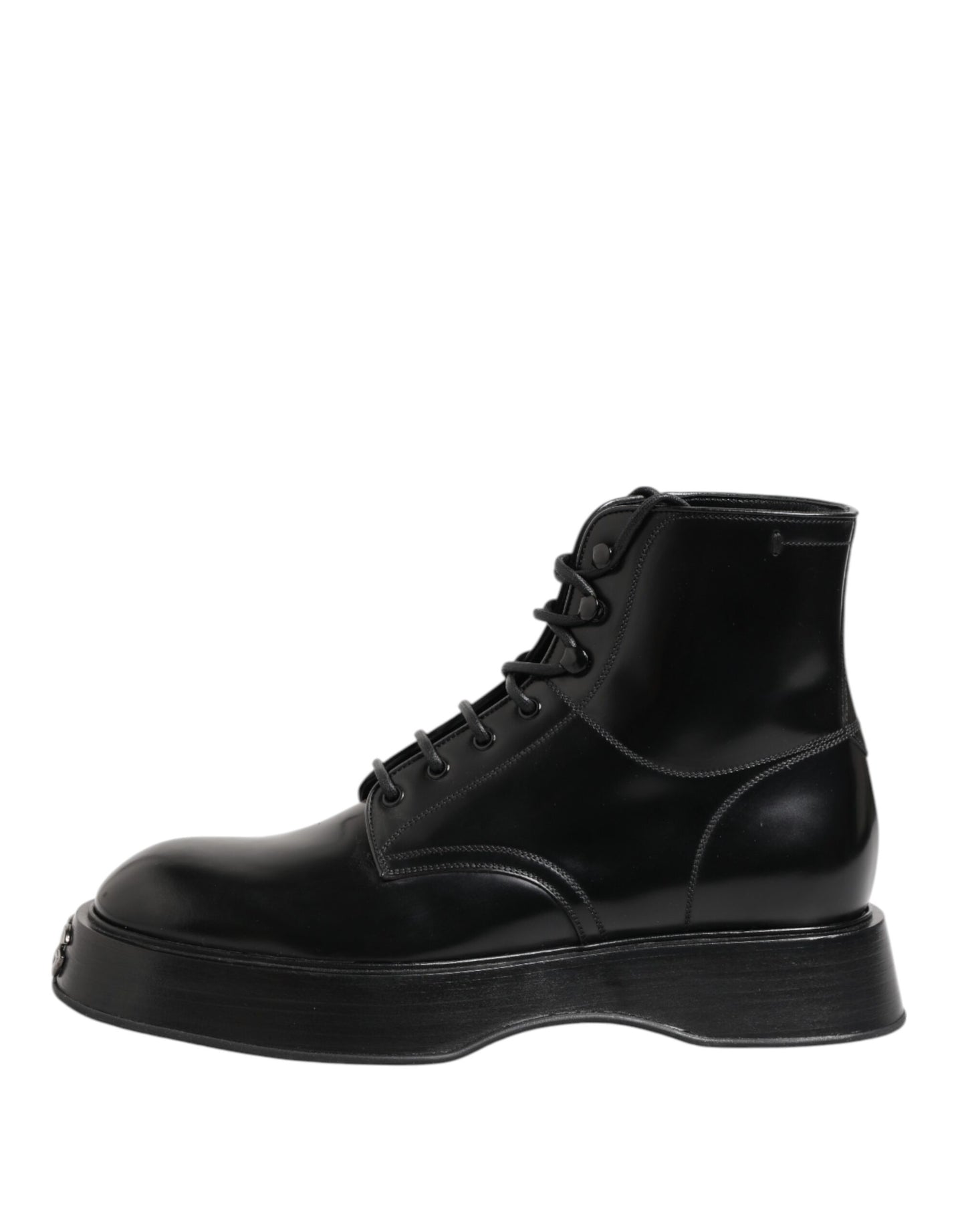 Dolce &amp; Gabbana Black Leather Logo Ankle Boots Lace Up Shoes