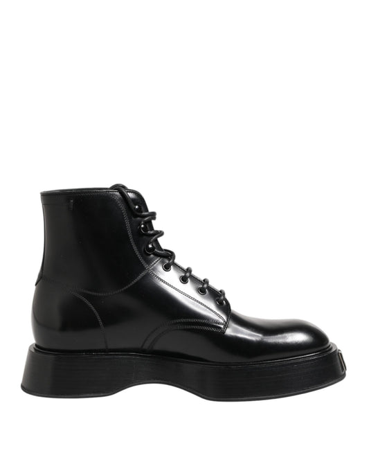 Dolce &amp; Gabbana Black Leather Logo Ankle Boots Lace Up Shoes