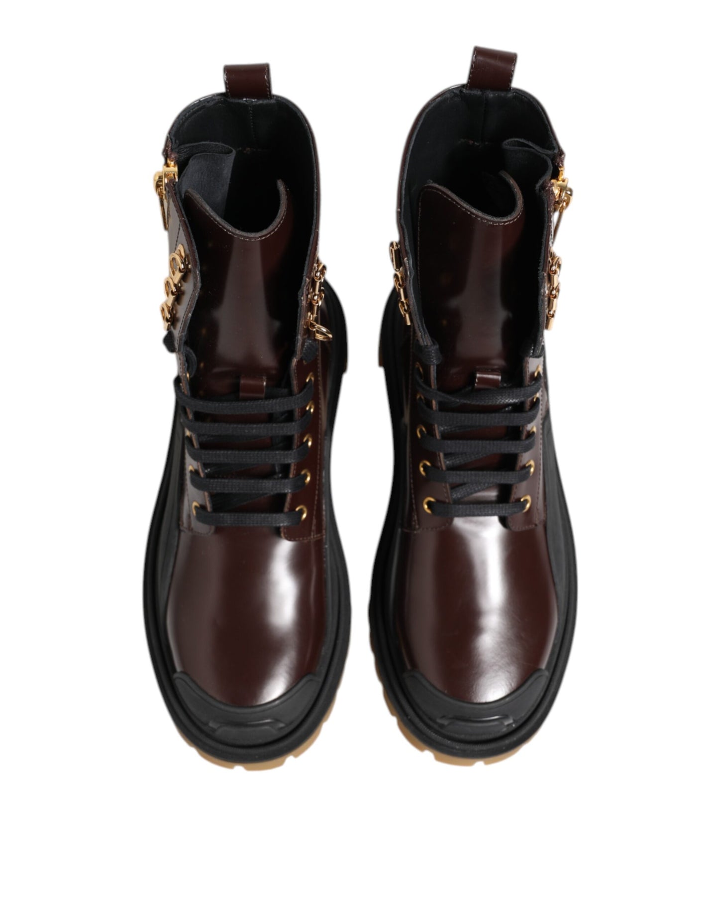 Dolce &amp; Gabbana Brown Black Leather Boots Zipper Lace Up Shoes