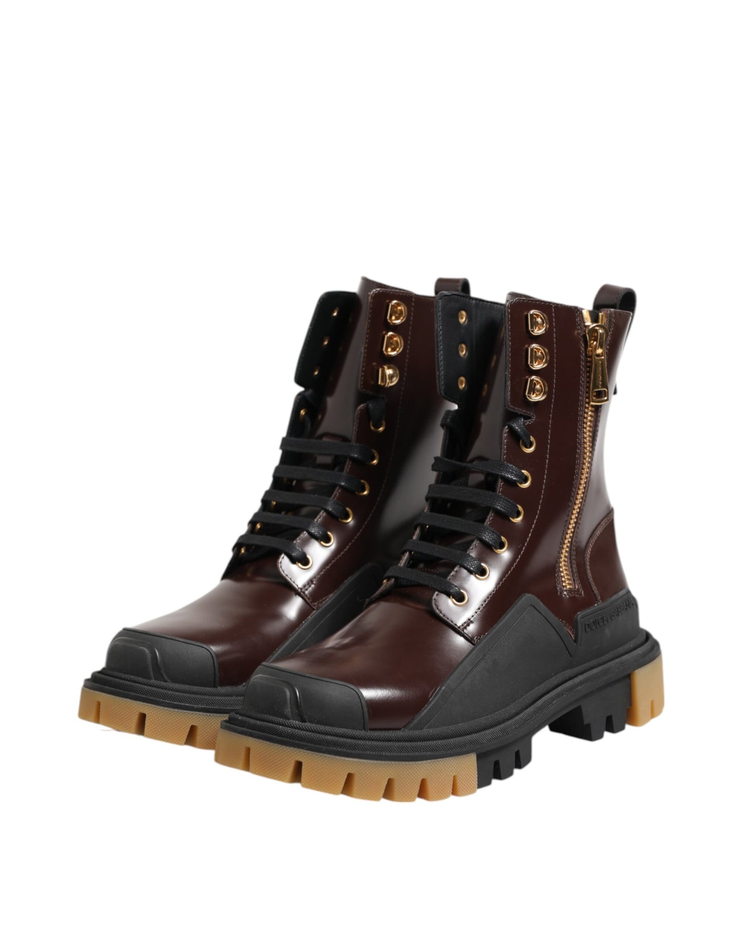 Dolce &amp; Gabbana Brown Black Leather Boots Zipper Lace Up Shoes