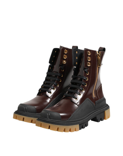 Dolce &amp; Gabbana Brown Black Leather Boots Zipper Lace Up Shoes