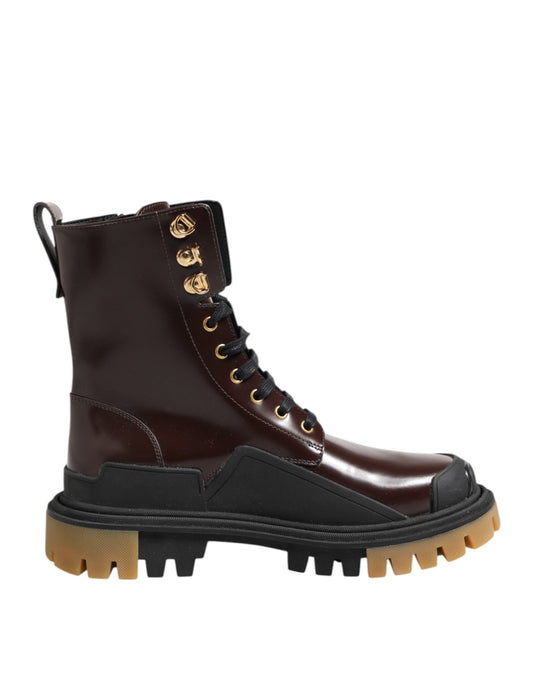 Dolce &amp; Gabbana Brown Black Leather Boots Zipper Lace Up Shoes