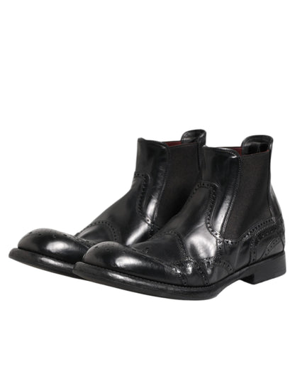 Dolce &amp; Gabbana Black Leather Ankle Boots Slip On Shoes