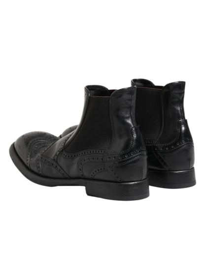 Dolce &amp; Gabbana Black Leather Ankle Boots Slip On Shoes