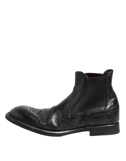 Dolce &amp; Gabbana Black Leather Ankle Boots Slip On Shoes