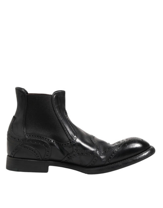 Dolce &amp; Gabbana Black Leather Ankle Boots Slip On Shoes