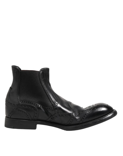 Dolce &amp; Gabbana Black Leather Ankle Boots Slip On Shoes