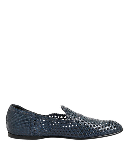 Dolce &amp; Gabbana Blue Woven Leather Slip On Loafers Shoes