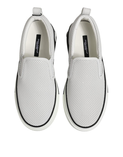 Dolce &amp; Gabbana White Dotted Leather Slip On Men Sneakers Shoes