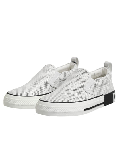 Dolce &amp; Gabbana White Dotted Leather Slip On Men Sneakers Shoes