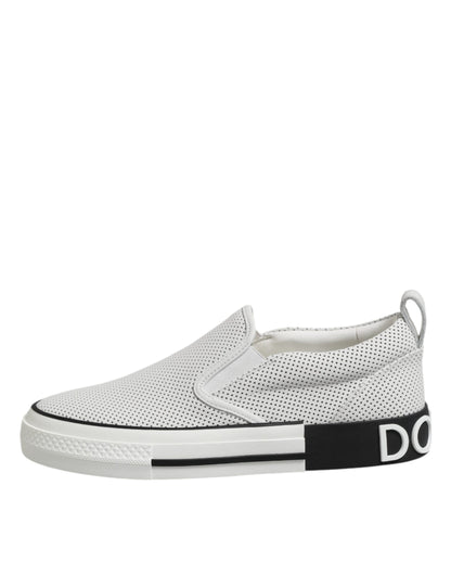 Dolce &amp; Gabbana White Dotted Leather Slip On Men Sneakers Shoes