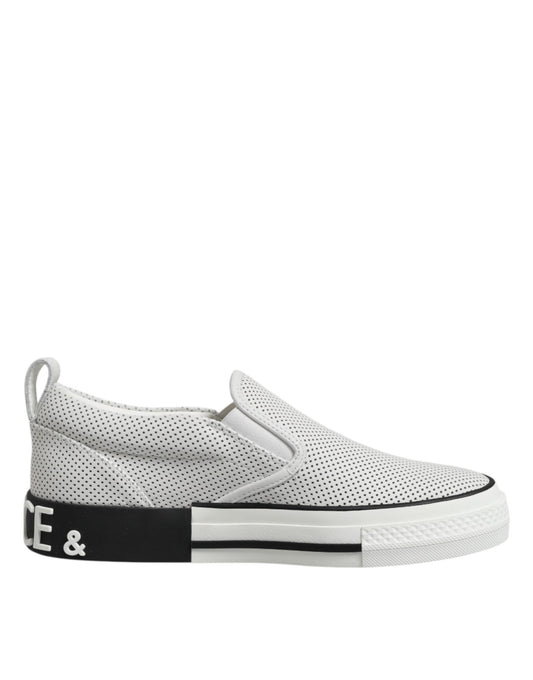 Dolce &amp; Gabbana White Dotted Leather Slip On Men Sneakers Shoes