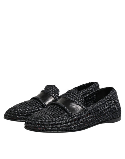 Dolce &amp; Gabbana Black Woven Leather Slip On Loafers Men Shoes