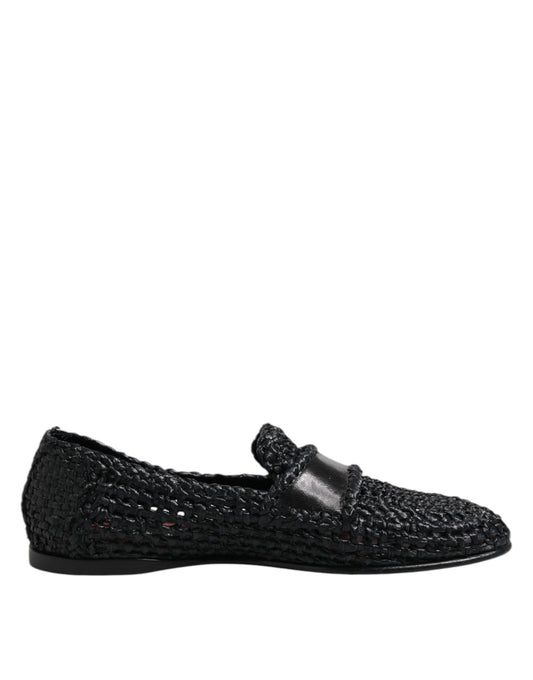 Dolce &amp; Gabbana Black Woven Leather Slip On Loafers Men Shoes