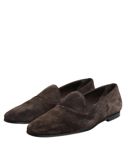 Dolce &amp; Gabbana Brown Velvet Leather Slip On Loafers Shoes