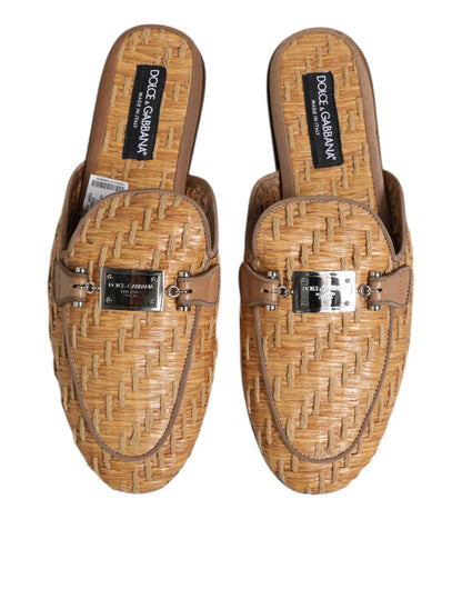 Dolce &amp; Gabbana Beige Rattan Flache Pantoletten Herren Sandalen Schuhe