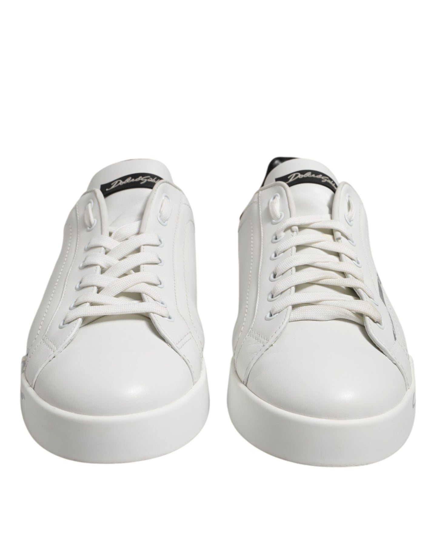 Dolce &amp; Gabbana White Black Logo Low Top Leather Sneakers Shoes
