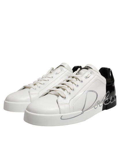 Dolce &amp; Gabbana White Black Logo Low Top Leather Sneakers Shoes