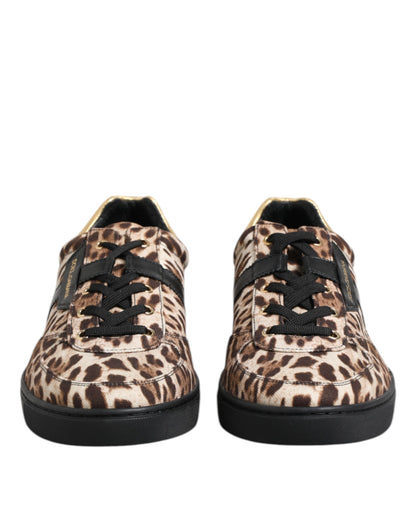 Dolce &amp; Gabbana Brown Leopard Logo Print Cotton Sneakers Shoes