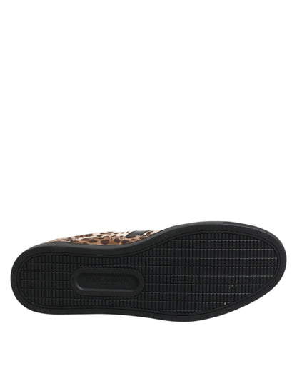 Dolce &amp; Gabbana Brown Leopard Logo Print Cotton Sneakers Shoes