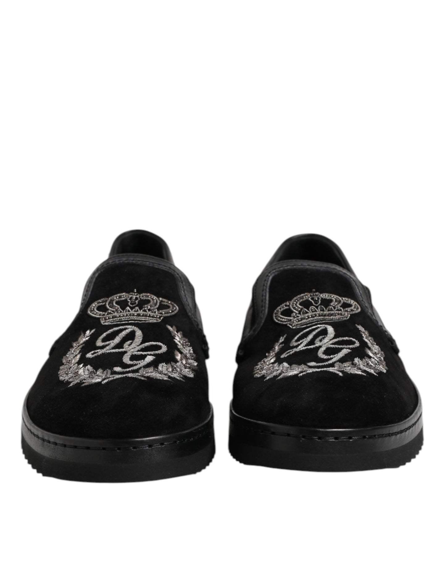 Dolce &amp; Gabbana Black Embroidered Crown Loafers Shoes