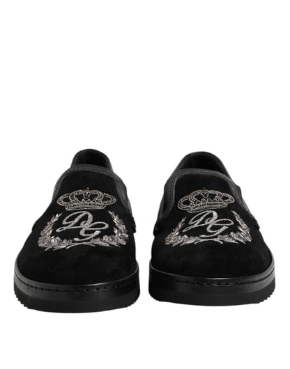 Dolce &amp; Gabbana Black Embroidered Crown Loafers Shoes