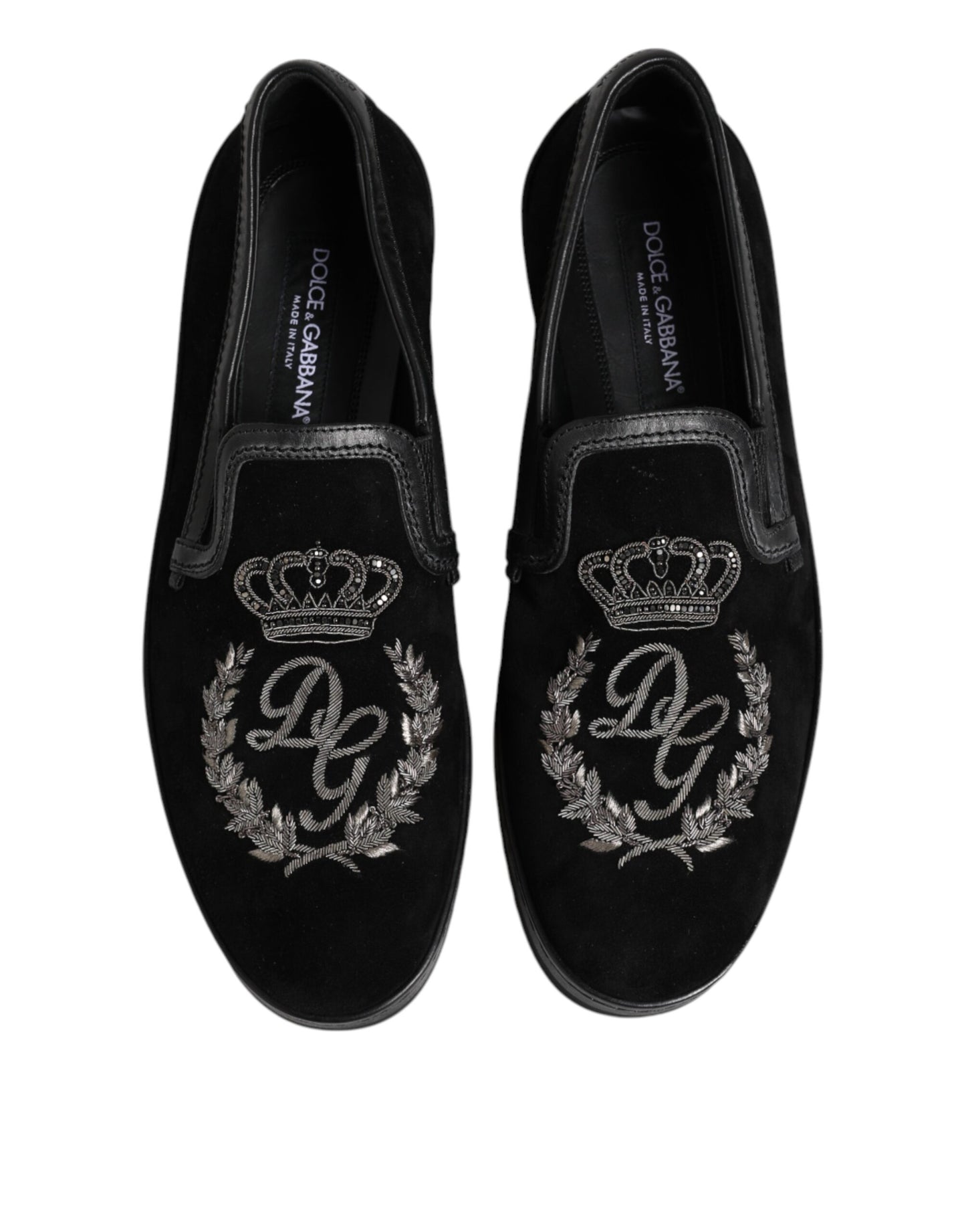 Dolce &amp; Gabbana Black Embroidered Crown Loafers Shoes